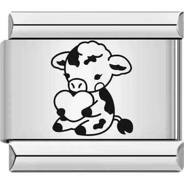 Black and white cow holding a heart Italian charm bracelet link