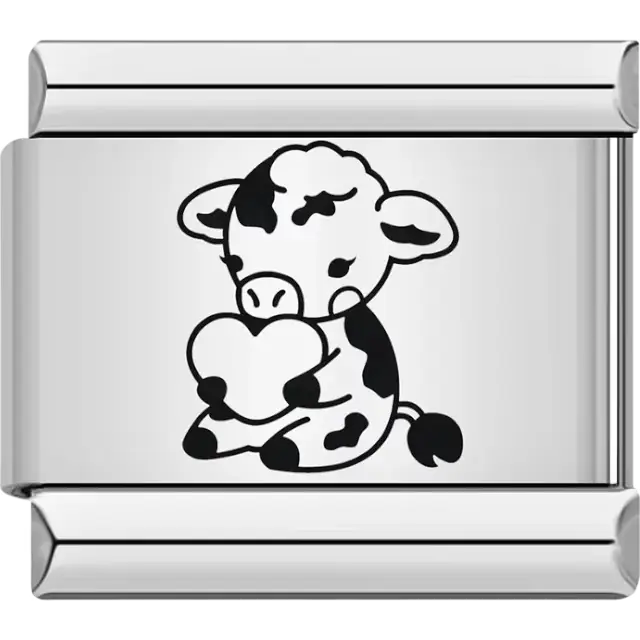 Black and white cow holding a heart Italian charm bracelet link