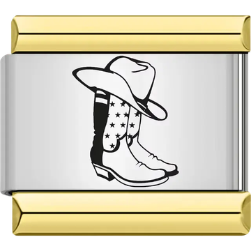 Black silhouette design of a cowboy hat with star-patterned boots Italian charm bracelet link