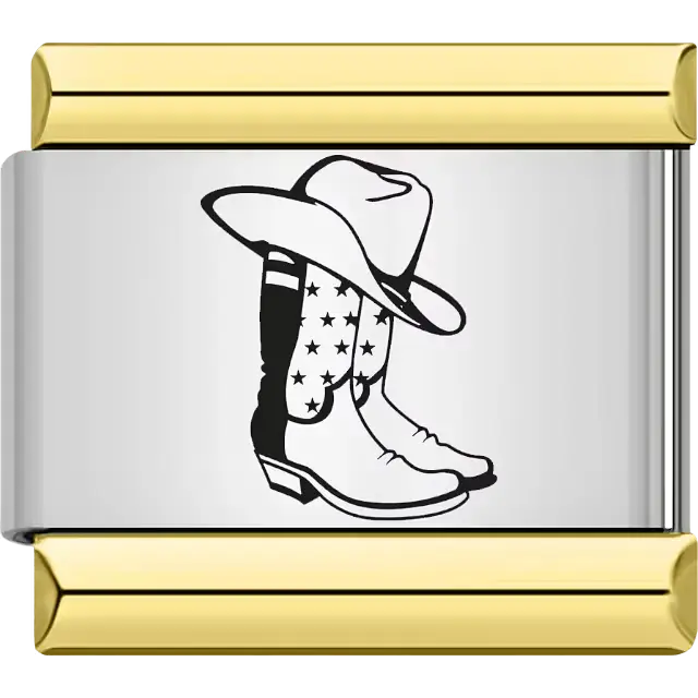 Black silhouette design of a cowboy hat with star-patterned boots Italian charm bracelet link