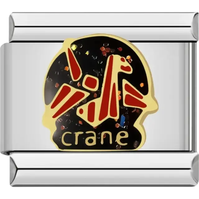 Red crane graphic with glitter black background and “Crane” text Italian charm bracelet link