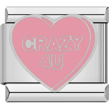 Pink heart with "CRAZY 4U" text in silver Italian charm bracelet link
