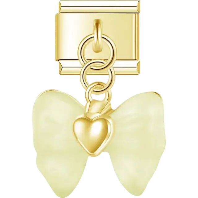 Gold tone cream bow with heart center dangle Italian charm bracelet link