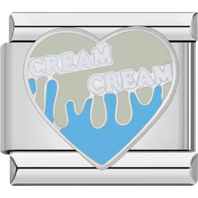 Beige and blue heart with dripping design and two white "CREAM" texts Italian charm bracelet link
