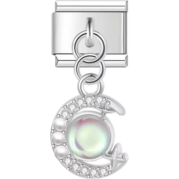 Crescent moon with white pearls crystals and an iridescent orb Italian charm bracelet link