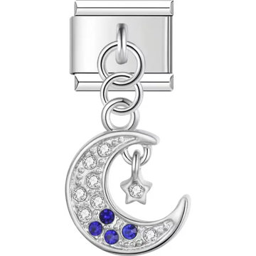 Crescent moon with blue and clear gemstones and star dangle Italian charm bracelet link