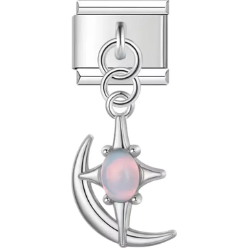 Crescent moon with a four-point star and oval iridescent gemstone dangle Italian charm bracelet link