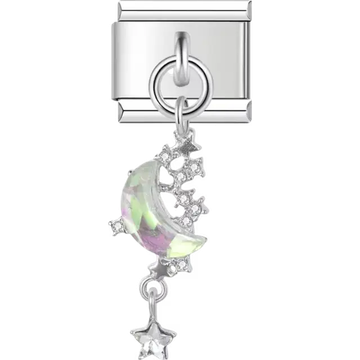 Iridescent crescent moon with silver star accents and dangling star detail Italian charm bracelet link