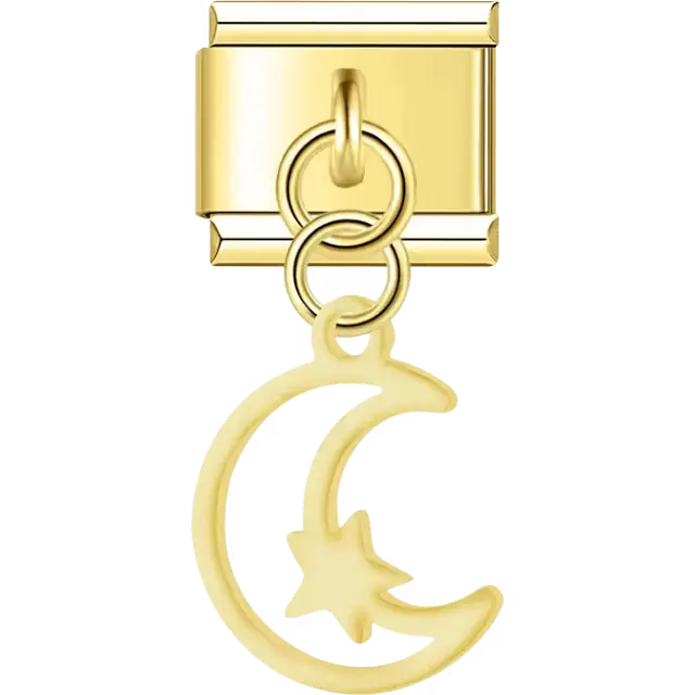Hollow crescent moon with a small star and dangling piece Italian charm bracelet link