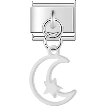 Hollow crescent moon with a small star and dangling piece Italian charm bracelet link