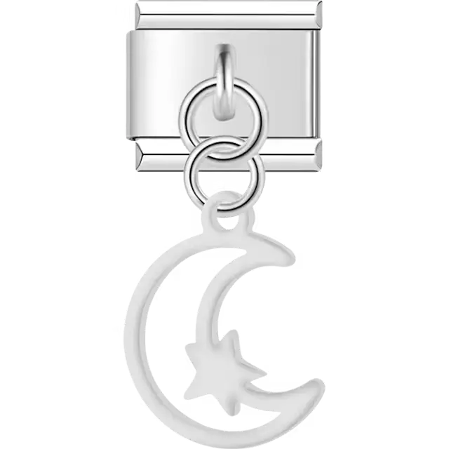 Hollow crescent moon with a small star and dangling piece Italian charm bracelet link