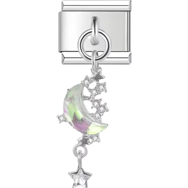 Iridescent crescent moon with silver star accents and dangling star detail Italian charm bracelet link