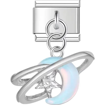 Crescent moon and star encased in orbit-shaped rings with an iridescent finish Italian charm bracelet link