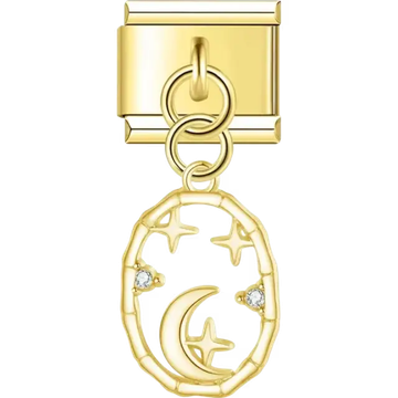 Gold pendant featuring a crescent moon, stars, and clear gemstone accents in an open oval design Italian charm bracelet link