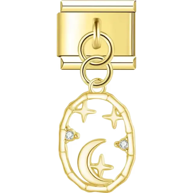 Gold pendant featuring a crescent moon, stars, and clear gemstone accents in an open oval design Italian charm bracelet link