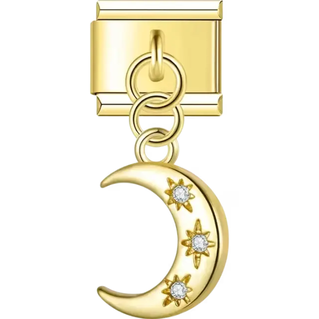Crescent moon with star details and crystal accents Italian charm bracelet link