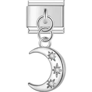 Crescent moon with star details and crystal accents Italian charm bracelet link