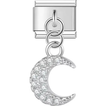 Crescent moon dangle charm adorned with clear gemstones Italian charm bracelet link