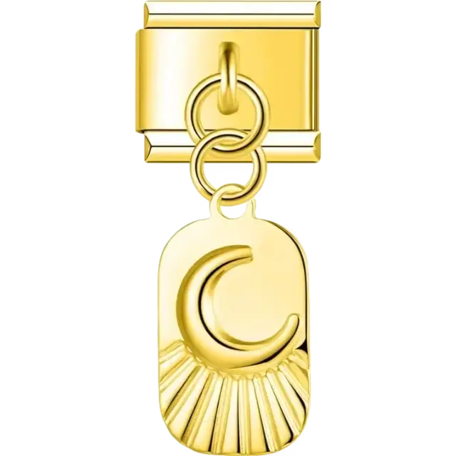 Dangling charm featuring a crescent moon with a sunray-inspired design Italian charm bracelet link