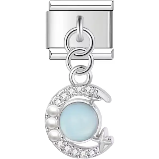Crescent moon featuring a blue gemstone center, pearl accents, and clear stone details Italian charm bracelet link