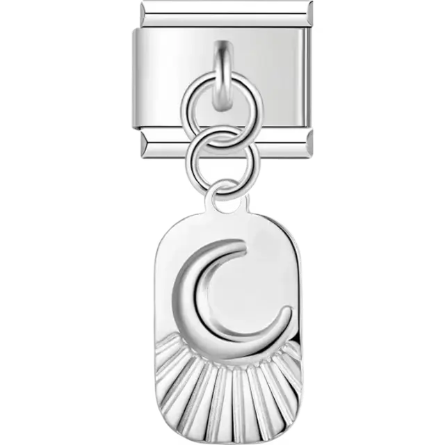 Dangling charm featuring a crescent moon with a sunray-inspired design Italian charm bracelet link