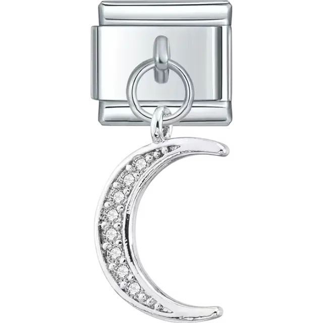 Crescent moon-shaped dangle design with crystal accents Italian charm bracelet link