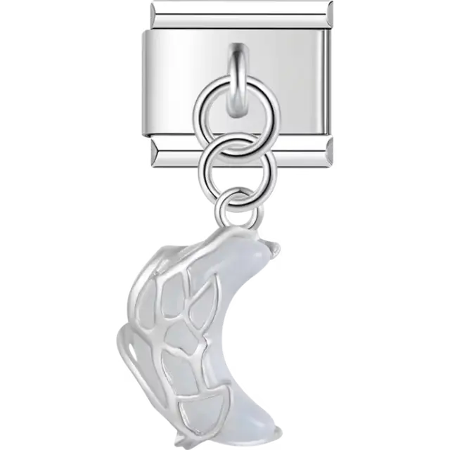 Crescent moon with abstract cutout detailing and white accents dangle Italian charm bracelet link