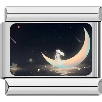 Girl sitting on a glowing crescent moon reflecting on water with a starry night sky Italian charm bracelet link