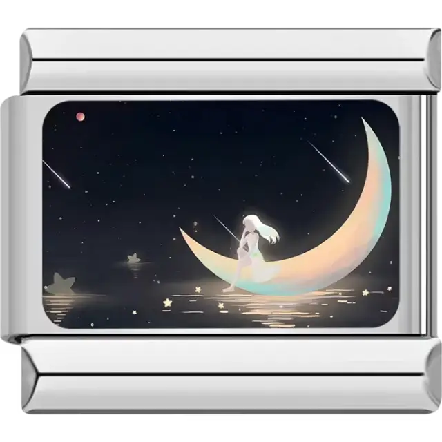 Girl sitting on a glowing crescent moon reflecting on water with a starry night sky Italian charm bracelet link