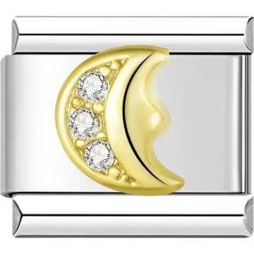 Gold crescent moon design with three clear crystals Italian charm bracelet link