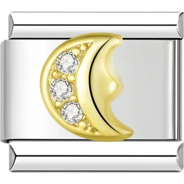 Gold crescent moon design with three clear crystals Italian charm bracelet link