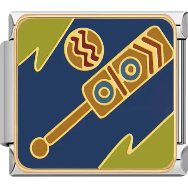 Gold cricket bat and ball with blue and green background Italian charm bracelet link