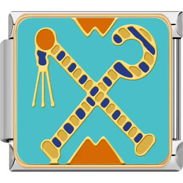 Gold and blue crook and flail crossed on a turquoise background with orange pyramid details symbols of kingship and power in ancient Egyptian mythology Italian charm bracelet link