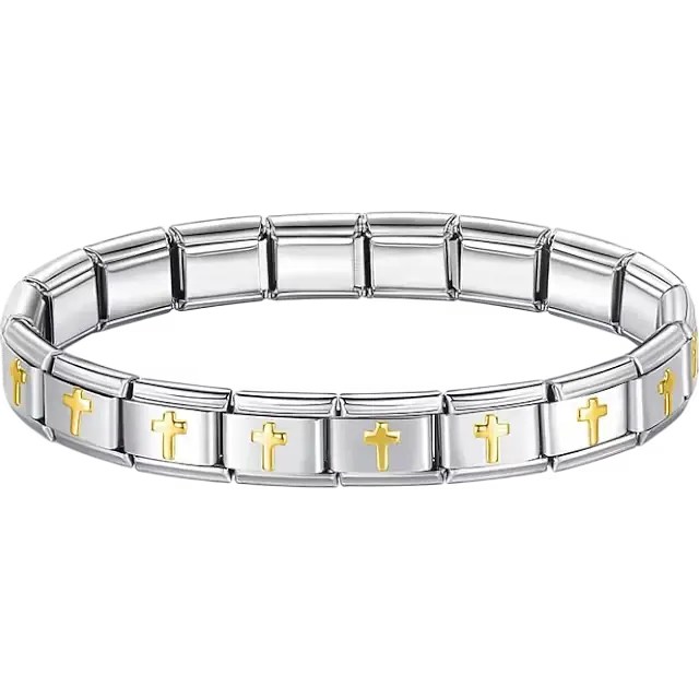 Gold crosses charms composing stainless steel Italian bracelet