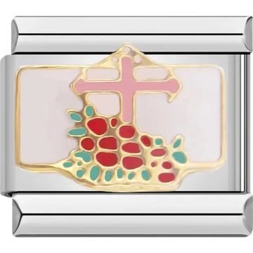 Cross with red and green flower cluster Italian charm bracelet link