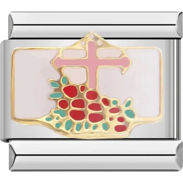 Cross with red and green flower cluster Italian charm bracelet link