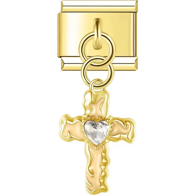 Cross detail with a heart-shaped crystal center and dangle design Italian charm bracelet link