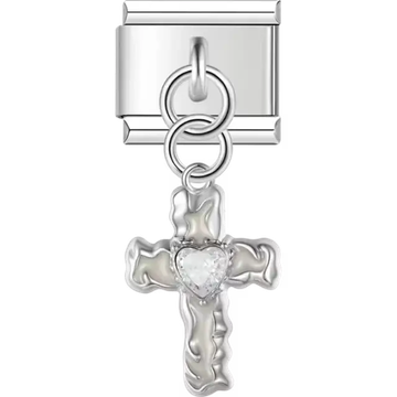 Cross detail with a heart-shaped crystal center and dangle design Italian charm bracelet link
