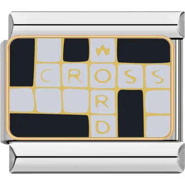 Black and gray crossword puzzle design with gold outlines and text Italian charm bracelet link
