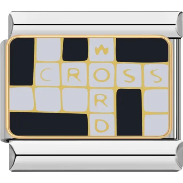Black and gray crossword puzzle design with gold outlines and text Italian charm bracelet link