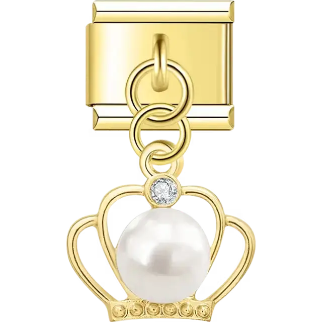 Crown-shaped dangle with a pearl and a gemstone accent Italian charm bracelet link