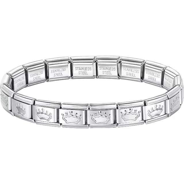 Crown charms composing stainless steel Italian bracelet