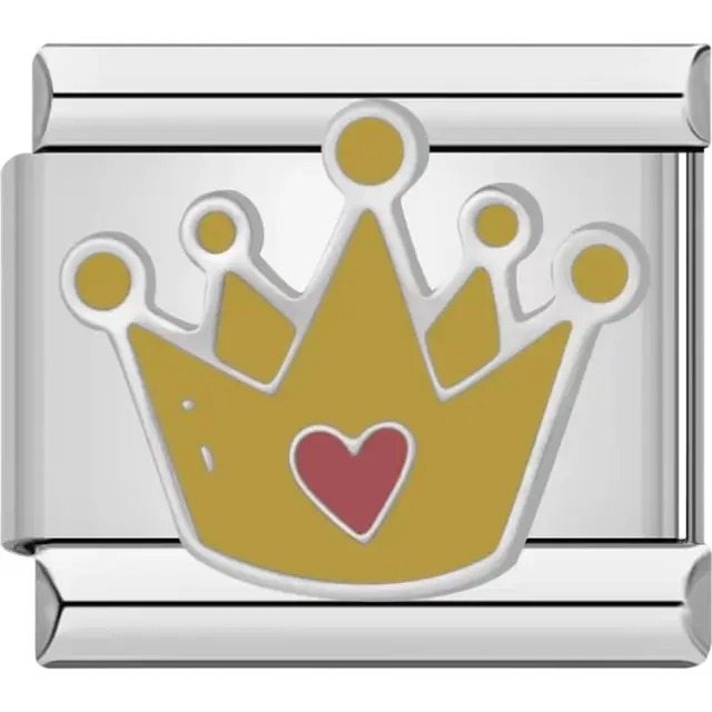 Gold crown with a red heart accent Italian charm bracelet link