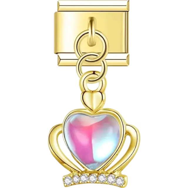 Heart-shaped dangle with a luminous center, crowned details, and crystal Italian charm bracelet link