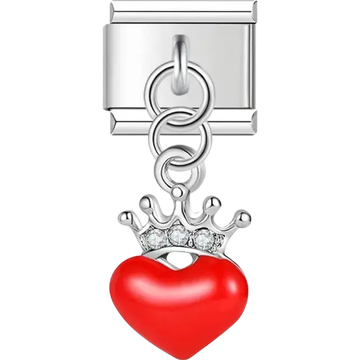 Silver dangling charm featuring a red heart topped with a sparkling crystal crown Italian charm bracelet link