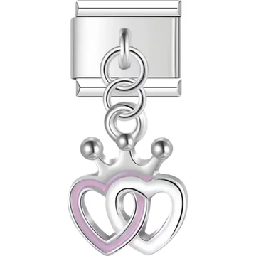 Interlocking heart-shaped dangle with pink details topped by a crown Italian charm bracelet link