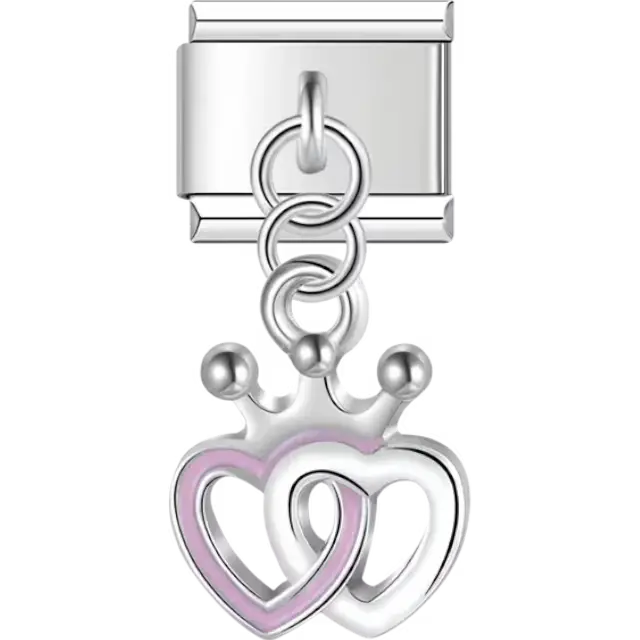 Interlocking heart-shaped dangle with pink details topped by a crown Italian charm bracelet link