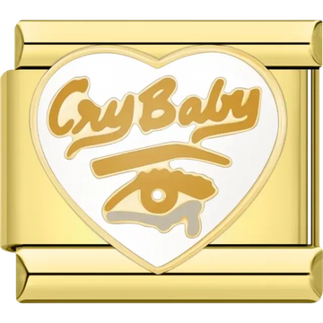 Heart-shaped charm featuring the text "Cry Baby" in gold with an eye and tear design on a white background Italian charm bracelet link