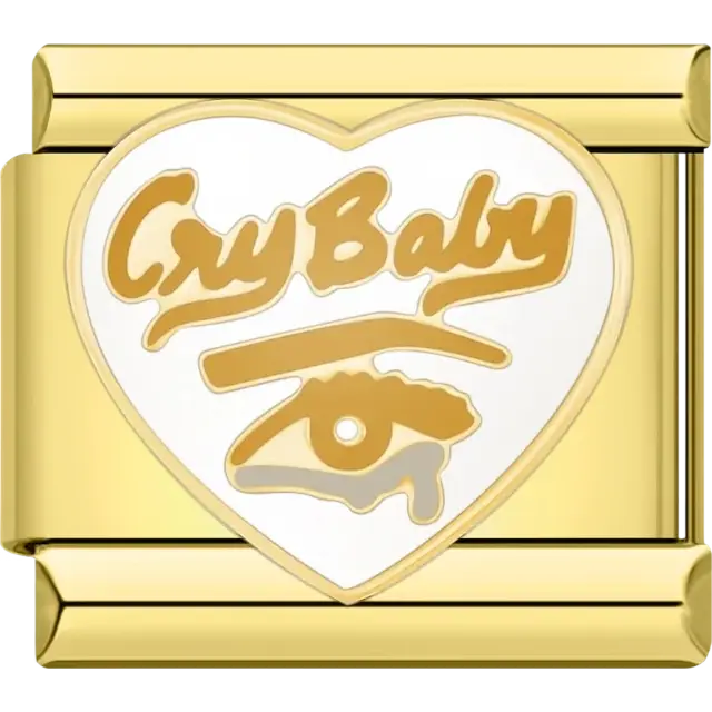 Heart-shaped charm featuring the text "Cry Baby" in gold with an eye and tear design on a white background Italian charm bracelet link