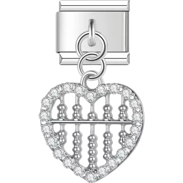 Crystal-studded open heart with abacus bar detail Italian charm bracelet link